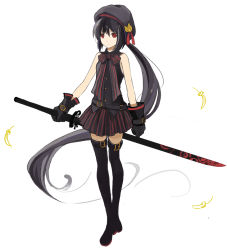 Rule 34 | 1girl, feathers, long hair, original, red eyes, simple background, skirt, solo, sword, tsukii, very long hair, weapon, white background