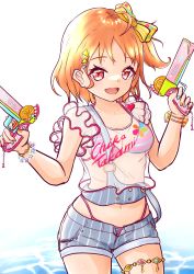 Rule 34 | 1girl, a chika-tastic summer (love live!), absurdres, alternate hairstyle, antenna hair, artist name, artist request, bare shoulders, bikini, bikini under clothes, blue pants, blue shorts, blush, bow, bracelet, braid, breasts, cleavage, clothes writing, collarbone, earrings, female focus, food-themed hair ornament, hair bow, hair ornament, hairclip, halterneck, heart (symbol), highres, holding, holding water gun, jewelry, looking at viewer, love live!, love live! school idol festival, love live! school idol festival all stars, love live! sunshine!!, medium hair, ocean, off-shoulder shirt, off shoulder, open fly, orange bow, orange hair, orange hair ornament, pants, parted bangs, parted lips, pearl bracelet, pink bikini, polka dot, polka dot bow, ponytail, red eyes, ribbon, see-through, see-through shirt, see-through sleeves, shirt, short hair, short sleeves, shorts, side braid, side ponytail, single braid, small breasts, smile, solo, strap slip, striped bikini, striped bow, striped clothes, striped pants, striped shorts, striped tank top, suspenders, suspenders hanging, swimsuit, takami chika, tank top, triangle hair ornament, two-tone bikini, vertical-striped clothes, vertical-striped shorts, water gun, white background, wrist bow, yellow bow, yellow ribbon