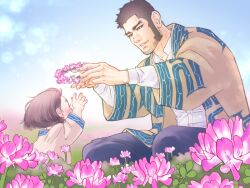 Rule 34 | 1boy, 1girl, bara, beard, black hair, buzz cut, character request, child, facial hair, father and daughter, field, flower, flower field, flower wreath, from side, golden kamuy, male focus, mature male, nopinzo, short hair, sideburns, smile, squatting, tanigaki genjirou, thick eyebrows, very short hair