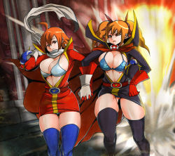 Rule 34 | 2girls, ahoge, breasts, cape, explosion, hdkg, large breasts, multiple girls, orange hair, resized, scarf, twintails