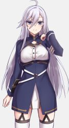 Rule 34 | 1girl, 86 -eightysix-, ahoge, blue eyes, blue jacket, blush, breasts, elfenlied22, jacket, large breasts, long hair, long sleeves, looking at viewer, military, military uniform, silver hair, smile, solo, thighhighs, uniform, vladilena millize, white thighhighs