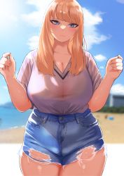 Rule 34 | 1girl, beach, blonde hair, blue eyes, blue shorts, blush, bra, bra visible through clothes, breasts, cleavage, denim, facing viewer, frown, fukuhara takaya, hands up, head tilt, high-waist shorts, highres, jeans, large breasts, long hair, looking at viewer, ocean, original, pants, plump, shiny skin, shirt, shirt tucked in, short sleeves, shorts, sky, solo, standing, t-shirt, thick thighs, thighs, torn clothes, torn jeans, torn pants, underwear, v-neck, white bra