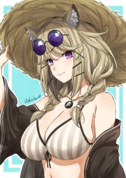 1girl, absurdres, animal ear fluff, animal ears, arknights, bikini, black jacket, blue background, blue nails, braid, breasts, cleavage, closed mouth, collarbone, commentary, eyebrows visible through hair, eyewear on head, fang, fuusuke (fusuke208), hair between eyes, hair ornament, hairclip, hand on headwear, hat, highres, jacket, jewelry, large breasts, light brown hair, looking at viewer, medium hair, nail polish, navel, necklace, off shoulder, official alternate costume, open clothes, open jacket, purple-tinted eyewear, purple eyes, side braids, simple background, skin fang, slit pupils, smile, solo, straw hat, striped, striped bikini, swimsuit, tinted eyewear, twin braids, twitter username, upper body, utage (arknights), utage (summer flowers) (arknights), x hair ornament