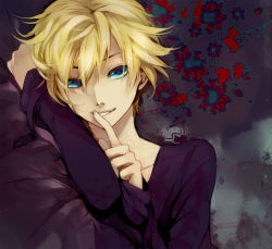 Rule 34 | 1boy, aqua eyes, bad id, bad pixiv id, blonde hair, finger to mouth, flower, grin, kagamine len, lying, male focus, matsunaka hiro, on side, shushing, sleeves past wrists, smile, solo, vocaloid