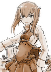 Rule 34 | 10s, 1girl, blush, breasts, brown theme, cowboy shot, female focus, hair between eyes, headgear, kakubayashi tsuyoshi, kantai collection, long hair, looking at viewer, machinery, monochrome, open mouth, simple background, sketch, small breasts, solo, taihou (kancolle), white background