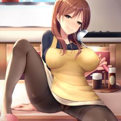 Rule 34 | 1girl, absurdres, apron, arm at side, arm support, black shirt, blush, breasts, brown eyes, brown hair, brown pantyhose, chair, crotch seam, day, fine fabric emphasis, fingernails, guricoogen, gusset, half-closed eyes, hand up, highres, holding, holding ladle, knee up, ladle, large breasts, long hair, long sleeves, looking at viewer, no panties, non-web source, original, pantyhose, pepper shaker, pink footwear, reclining, salt shaker, see-through, shirt, sitting, skirt, slippers, solo, spread legs, table, thighband pantyhose, white skirt, window, yellow apron