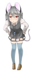 Rule 34 | &gt;:o, 1girl, :o, absurdres, animal ears, blush, brown eyes, brown footwear, full body, grey hair, grey skirt, grey thighhighs, grey vest, hair between eyes, hands on own hips, highres, jewelry, leaning forward, long sleeves, looking at viewer, mouse ears, mouse tail, nazrin, netamaru, parted lips, pendant, shoes, short hair, skirt, skirt set, solo, standing, tail, thighhighs, touhou, triangle mouth, v-shaped eyebrows, vest