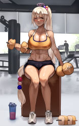 Rule 34 | 1girl, abs, absurdres, bare shoulders, beads, black shorts, blonde hair, blush, bread, breasts, cleavage, closed mouth, collarbone, dark-skinned female, dark skin, dumbbell, food, full body, gym, hair beads, hair ornament, highres, hololive, hololive english, indoors, large breasts, long hair, midriff, nannachu7, navel, one eye closed, platinum blonde hair, ponytail, shoes, shorts, sitting, sleeveless, sneakers, solo, sports bra, steam, sweat, tsukumo sana, very long hair, virtual youtuber, white footwear, wink, yellow eyes