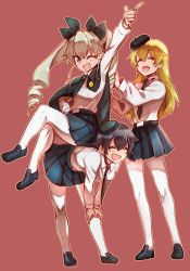 Rule 34 | 10s, 3girls, ;d, anchovy (girls und panzer), bad id, bad pixiv id, belt, beret, black cape, black footwear, black hair, black ribbon, black skirt, blonde hair, braid, cape, carpaccio (girls und panzer), closed eyes, crossed legs, dress shirt, drill hair, full body, girls und panzer, green hair, hair ribbon, hand on own hip, hands on own knees, hat, laughing, leaning forward, loafers, long hair, long sleeves, looking at viewer, miniskirt, multiple girls, necktie, one eye closed, oono imo, open mouth, pantyhose, pepperoni (girls und panzer), pleated skirt, pointing, pointing up, red background, red eyes, ribbon, school uniform, shirt, shoes, short hair, side braid, simple background, sitting, sitting on person, skirt, smile, standing, twin drills, twintails, white legwear, white shirt