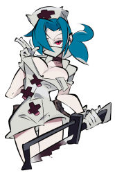 Rule 34 | + +, 1girl, blue hair, bonesaw, breasts, cleavage, commentary, covered mouth, cropped legs, cxdotchison, english commentary, fingers together, flat color, gloves, hacksaw, hair over one eye, hand up, hat, highres, holding, holding weapon, index finger raised, jacket, large breasts, looking at viewer, mask, mouth mask, nurse, nurse cap, one eye covered, ponytail, reverse grip, saw, simple background, skullgirls, solo, standing, surgical mask, symbol-only commentary, syringe, valentine (skullgirls), weapon, white background, white gloves, white hat, white jacket
