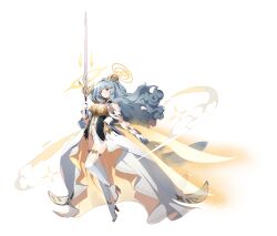 Rule 34 | 1girl, absurdres, armored leotard, bare shoulders, blue eyes, blue hair, blunt bangs, blush, breasts, cleavage, cleavage cutout, clothing cutout, curly hair, eversoul, fairy wings, full body, game cg, gloves, hair ornament, halo, headdress, high heels, highres, holding, holding sword, holding weapon, incredibly absurdres, infinity symbol, leotard, long hair, looking at viewer, medium breasts, official alternate costume, official alternate hairstyle, official art, parted lips, ponytail, see-through, showgirl skirt, skirt, solo, sparkle, sword, tachi-e, thigh strap, thighhighs, weapon, white footwear, white gloves, white leotard, white skirt, white thighhighs, wings, yellow halo, yuria (eversoul)
