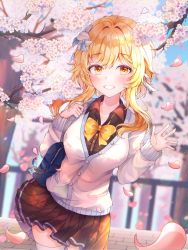 Rule 34 | 1girl, alternate costume, bag, blonde hair, blush, bow, bowtie, breasts, brown shirt, brown skirt, cardigan, cherry blossoms, collared shirt, commentary, day, feather hair ornament, feathers, flower, genshin impact, grin, hair flower, hair ornament, highres, holding strap, long sleeves, lumine (genshin impact), medium breasts, petals, pleated skirt, ryunbi, school uniform, shirt, short hair with long locks, shoulder bag, skirt, smile, solo, standing, thighhighs, white cardigan, white flower, white thighhighs, yellow bow, yellow bowtie, yellow eyes