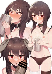 Rule 34 | 1boy, 1girl, absurdres, asymmetrical legwear, bandaged leg, bandages, bar censor, bdsm, blush, breasts, brown hair, brown panties, brown thighhighs, censored, closed mouth, collar, collarbone, cum, cum in container, cum in cup, cup, drinking, embarrassed, frown, gluteal fold, gokkun, hands on another&#039;s head, hetero, highres, holding, holding cup, holding leash, kono subarashii sekai ni shukufuku wo!, leash, megumin, miga (migao), mismatched legwear, multiple views, navel, nipples, panties, penis, penis on cheek, penis on face, pet play, pov, red eyes, short hair with long locks, sidelocks, single thighhigh, slave, small breasts, standing, sweat, thighhighs, topless, underwear, viewer holding leash, wavy mouth, white background
