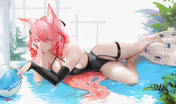 Rule 34 | 1girl, animal ear fluff, animal ears, arknights, ass, ball, beachball, black one-piece swimsuit, braid, breasts, cleavage, closed mouth, day, detached sleeves, fox ears, full body, hair between eyes, hair ornament, hand on own cheek, hand on own face, highres, indoors, innertube, large breasts, long hair, looking at viewer, lying, nail polish, navel, omone hokoma agm, on side, one-piece swimsuit, partially submerged, pink nails, plant, pozyomka (arknights), red eyes, red hair, signature, single sleeve, swim ring, swimsuit, thighs, water, window
