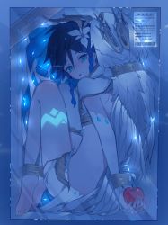 Rule 34 | 1boy, androgynous, apple, arms behind back, barefoot, black hair, blue hair, blue theme, bound, bound legs, bound wings, bound wrists, box, braid, bridal gauntlets, capelet, chinese text, commentary request, crop top, elbow gloves, feathered wings, fetal position, flower, food, fruit, genshin impact, gloves, glowing, gradient hair, green eyes, hair flower, hair ornament, highres, holding, holding food, holding fruit, hood, hood down, hooded capelet, in box, in container, leg tattoo, looking at viewer, lying, male focus, midriff, multicolored hair, on side, parted lips, restrained, short hair with long locks, shorts, side braids, sidelocks, single thighhigh, solo, tape, tattoo, thighhighs, translated, twin braids, venti (archon) (genshin impact), venti (genshin impact), weibo watermark, white flower, white shorts, white wings, windporo, wings