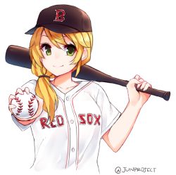 Rule 34 | 1girl, artist name, ball, baseball, baseball bat, baseball cap, baseball uniform, blonde hair, blush, boston red sox, brown hat, brown ribbon, buttons, closed mouth, clothes writing, collarbone, ellen baker, green eyes, hair over shoulder, hair ribbon, hat, holding, holding ball, jun project, long hair, low ponytail, major league baseball, new horizon, outstretched arm, over shoulder, ribbon, shirt, simple background, smile, solo, sportswear, stitches, upper body, uppercut, white background, white shirt