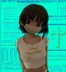 Rule 34 | 1girl, arms behind back, text background, backlighting, bare arms, bare shoulders, blunt bangs, blush, breasts, brown eyes, brown hair, closed mouth, crop top, cross, crt, dot nose, english text, facing viewer, hair ornament, iwakura lain, looking at viewer, midriff, monitor, petite, photo background, serial experiments lain, short hair, skinny, small breasts, smile, solo, temple os, templeos, timestamp, upper body, x hair ornament, zoolpal