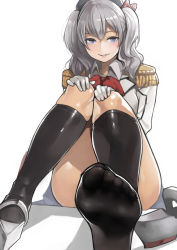 Rule 34 | 10s, 1girl, absurdres, beret, black hat, black socks, blue eyes, bow, coat, collared shirt, convenient censoring, convenient leg, feet, foot focus, foreshortening, gloves, grey shirt, hands on own knees, hat, hat bow, highres, kantai collection, kashima (kancolle), kerchief, kneehighs, knees together feet apart, long sleeves, looking at viewer, no shoes, parted lips, red ribbon, ribbon, shiny skin, shirt, shoes, short hair, short twintails, silver hair, single shoe, sitting, socks, soles, solo, teeth, thighs, twintails, unworn shoes, wavy hair, white coat, white gloves, wing collar, yomu (sgt epper)