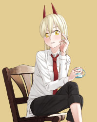 Rule 34 | 1girl, blonde hair, blush, chainsaw man, chair, collared shirt, cross-shaped pupils, crossed legs, crosshair pupils, cup, easy (aqk7bdqt), holding, holding cup, horns, long hair, long sleeves, looking at viewer, necktie, power (chainsaw man), red necktie, shirt, solo, symbol-shaped pupils, yellow background, yellow eyes