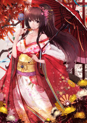Rule 34 | 10s, 1girl, alternate costume, autumn leaves, bare shoulders, breasts, brown hair, cleavage, cloudy.r, flower, hair in own mouth, hair ornament, hair stick, highres, japanese clothes, kantai collection, kimono, long hair, looking at viewer, off shoulder, oil-paper umbrella, ponytail, red eyes, solo, umbrella, very long hair, yamato (kancolle)