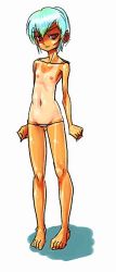 Rule 34 | 1girl, aqua hair, artesneit, bikini, bikini bottom only, flat chest, full body, groin, looking at viewer, lowleg, navel, nipples, one-piece tan, original, pigeon-toed, red eyes, shiny skin, simple background, sketch, skinny, solo, standing, swimsuit, tan, tanline, toguromaki kumoyuki, topless, white background, yakouga