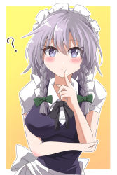 Rule 34 | 1girl, ?, apron, back bow, black bow, black bowtie, blush, bow, bowtie, braid, breasts, buttons, closed mouth, collar, collared shirt, dress, eye contact, gradient background, green bow, grey eyes, grey hair, hair between eyes, hair bow, hand up, highres, izayoi sakuya, looking at another, looking away, maid, maid headdress, medium breasts, orange background, pointing, puffy short sleeves, puffy sleeves, purple dress, shirt, short hair, short sleeves, solo, standing, touhou, twin braids, user pust7853, white apron, white bow, white shirt, yellow background