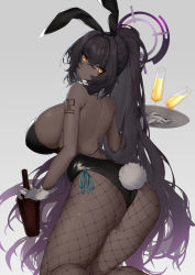 Rule 34 | 1girl, absurdres, alcohol, animal ears, ass, bare shoulders, bareback, black hair, black leotard, blue archive, bottle, breasts, champagne, chinese commentary, closed mouth, crossed bangs, dark-skinned female, dark skin, detached collar, fake animal ears, fishnet pantyhose, fishnets, gloves, gradient background, hair between eyes, halo, high ponytail, highleg, highleg leotard, highres, holding, holding bottle, holding tray, huge breasts, karin (blue archive), karin (bunny) (blue archive), kneeling, leotard, long hair, looking back, multicolored hair, no bra, number tattoo, official alternate costume, pantyhose, playboy bunny, purple hair, rabbit tail, ribbon, shoulder tattoo, sideboob, simple background, slit pupils, solo, strapless, strapless leotard, streaked hair, tail, tattoo, thighs, tray, two-tone hair, very dark skin, very long hair, white gloves, wrist cuffs, yellow eyes, zeroblood