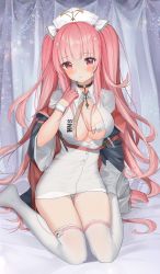 Rule 34 | 1girl, absurdres, azur lane, blunt bangs, blush, breasts, gloves, hat, highres, large breasts, long hair, looking at viewer, nurse, nurse cap, open mouth, panties, pen, perseus (azur lane), perseus (unfamiliar duties) (azur lane), pink eyes, pink hair, pla0658, sitting, solo, syringe, thighhighs, thighs, two side up, underwear, very long hair, white panties, white thighhighs