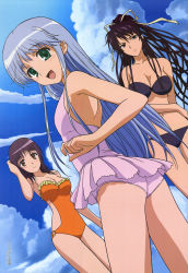 Rule 34 | 3girls, :d, absurdres, adjusting hair, age difference, angry, armpits, ass, back, bandeau, bikini, black hair, blue hair, blush, breasts, brown eyes, casual one-piece swimsuit, cleavage, clothing cutout, cloud, day, dutch angle, flat chest, frilled swimsuit, frills, frown, green eyes, hair between eyes, hair over breasts, hair ribbon, hand on head, highres, index (toaru majutsu no index), ishikura keiichi, itsuwa, kanzaki kaori, large breasts, light smile, long hair, looking at viewer, looking back, megami magazine, multiple girls, navel, o-ring, o-ring bottom, o-ring swimsuit, official art, one-piece swimsuit, open mouth, outdoors, ponytail, profile, purple eyes, purple hair, ribbon, scan, short hair, side cutout, sidelocks, sky, smile, standing, swimsuit, thigh gap, toaru majutsu no index