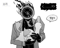 Rule 34 | 1other, animal, bird, clock, collared shirt, dante (limbus company), duck, facing viewer, fire, gloves, greyscale, holding, holding animal, limbus company, long sleeves, maskv, monochrome, necktie, object head, project moon, shirt, simple background, solo, speech bubble, sweat, translation request, upper body