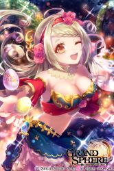 Rule 34 | 1girl, ;d, arm warmers, bad arm, bare shoulders, blonde hair, blue skirt, braid, breasts, brown eyes, cleavage, copyright name, egg, flower, grand sphere, hair flower, hair ornament, hairband, kogome (azalea4), large breasts, long hair, midriff, nail polish, official art, one eye closed, open mouth, pink nails, red eyes, red hairband, skirt, smile, solo, sparkle, standing, very long hair, watermark