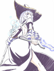 Rule 34 | 1girl, back cutout, bare back, bare legs, clothing cutout, dark souls (series), dark souls i, dark souls ii, dress, dual wielding, frills, h-new, hat, holding, long sleeves, looking back, perspective, purple dress, purple eyes, purple hair, short hair, simple background, solo, staff, sword, weapon, white background, witch, witch hat