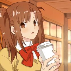 Rule 34 | 1girl, blush, bow, bowtie, brown eyes, brown hair, cardigan, collared shirt, commentary, cup, disposable cup, hirakawa, holding, holding cup, indoors, long hair, looking at viewer, parted bangs, red bow, red bowtie, school uniform, shirt, sidelocks, solo, tsukihime, tsukihime (remake), twintails, uniform, upper body, white shirt, yellow cardigan, yumizuka satsuki