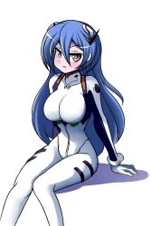 Rule 34 | 1girl, ayanami rei, ayanami rei (cosplay), blue hair, blush, bodysuit, breasts, cosplay, cowboy shot, evangelion: 3.0+1.0 thrice upon a time, expressionless, hair ornament, highres, invisible chair, large breasts, long hair, lucy (lucyfer), lucyfer, navel, neon genesis evangelion, original, plugsuit, rebuild of evangelion, red eyes, shiny clothes, shiny skin, simple background, sitting, solo, very long hair, white background, white bodysuit, wide hips