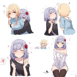 Rule 34 | !, 2girls, ?, absurdres, arrow through heart, between legs, black shirt, blonde hair, blue sweater, bra strap, braid, breasts, closed eyes, clothes writing, commentary, facing another, facing viewer, flower, genshin impact, green eyes, hair between eyes, hair flower, hair ornament, hand between legs, highres, hug, hug from behind, long hair, long sleeves, looking at viewer, lumine (genshin impact), medium breasts, multiple girls, multiple views, noelle (genshin impact), parted lips, red flower, red rose, rose, shirt, short hair, silver hair, single bare shoulder, sweater, thighhighs, white background, white shirt, yajuu, yellow eyes, yuri