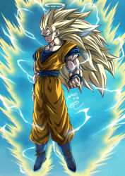 Rule 34 | 1boy, arm at side, artist name, aura, baggy pants, biceps, blonde hair, blue footwear, blue sash, blue shirt, blue sky, blue wristband, boots, clenched hand, closed mouth, commentary request, day, dougi, dragon ball, dragonball z, electricity, energy, floating, full body, green eyes, halo, hand up, highres, long hair, looking at viewer, male focus, muscular, muscular male, no eyebrows, orange pants, outdoors, pants, pectorals, sash, serious, seya (asasei 718), shirt, short sleeves, signature, sky, solo, son goku, spiked hair, super saiyan, super saiyan 3, v-shaped eyebrows, wristband