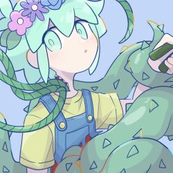 Rule 34 | 1boy, basil (headspace) (omori), basil (omori), blue background, blue overalls, green eyes, green hair, looking at viewer, omori, overalls, plant, shirt, short hair, short sleeves, simple background, solo, sr ld fr, thorns, vines, yellow shirt