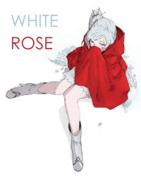 Rule 34 | 1girl, blue eyes, boots, cloak, commentary request, high heel boots, high heels, monorobu, rwby, scar, scar across eye, scar on face, smelling, solo, weiss schnee, white hair