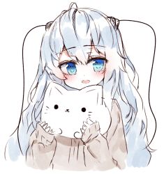 Rule 34 | 1girl, animal, blue eyes, blue hair, blush, brown sweater, cat, commentary request, cropped torso, girls&#039; frontline, hair between eyes, hands up, head tilt, highres, holding, holding animal, holding cat, long hair, long sleeves, looking at viewer, ribeyrolles (girls&#039; frontline), simple background, sleeves past wrists, solo, sweater, tandohark, very long hair, white background
