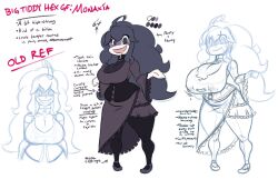 Rule 34 | 1girl, @ @, ahoge, breast expansion, breasts, character sheet, cleavage, creatures (company), dorianm bc, dress, female focus, frilled dress, frilled sleeves, frills, game freak, hex maniac (pokemon), highres, huge breasts, lactation, large breasts, lineart, long hair, matching hair/eyes, nintendo, pokemon, pokemon xy, purple eyes, purple hair, solo, sweat, torn clothes