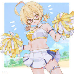 1girl :d absurdres ahoge blonde_hair blue_archive blue_sky braid breasts brown-framed_eyewear cheerleader collar detached_collar glasses highres holding holding_pom_poms kotori_(blue_archive) kotori_(cheer_squad)_(blue_archive) medium_breasts navel open_mouth pleated_skirt pom_pom_(cheerleading) pom_poms red_eyes saekiya_sabou semi-rimless_eyewear skirt sky smile solo stomach tongue tree twitter_username white_collar white_skirt