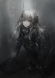 Rule 34 | 10s, 1girl, armband, chiaroscuro, cowboy shot, cropped jacket, dark, dress, elbow gloves, gloves, grey background, grey eyes, grey hair, greyscale, gyup91, headgear, high collar, highres, kantai collection, long hair, long sleeves, looking at viewer, military, monochrome, puffy short sleeves, puffy sleeves, short sleeves, solo, thigh strap, u-511 (kancolle)