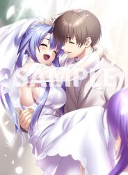 Rule 34 | 1boy, 2girls, :d, ^ ^, arms around neck, bare shoulders, blue hair, blurry, blurry background, blush, breasts, bridal veil, brown hair, carrying, closed eyes, closed mouth, commentary request, commission, couple, depth of field, dress, facing another, frilled dress, frills, hair between eyes, happy, hetero, highres, hug, large breasts, long hair, long sleeves, multiple girls, open mouth, princess carry, profile, sample watermark, second-party source, shiny skin, short hair, sideboob, simple background, skeb commission, smile, sorakado ai, sorakado ao, summer pockets, takahara hairi, veil, very long hair, watermark, wedding, wedding dress, white dress, zen (kamuro)