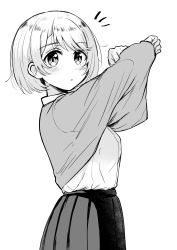 Rule 34 | 1girl, betock, blush, commentary request, from side, greyscale, highres, long sleeves, looking at viewer, monochrome, notice lines, original, parted lips, pleated skirt, school uniform, shirt, shirt tucked in, short hair, simple background, skirt, solo, sweater, undressing, upper body, white background