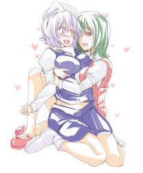 Rule 34 | 2girls, bad id, bad pixiv id, blush, boots, breast press, breasts squeezed together, breasts, cuddling, deep skin, female focus, heart, hug, impossible clothes, impossible shirt, kazami yuuka, large breasts, letty whiterock, multiple girls, navel, scared, shirt, skirt, slippers, toono yayoi, touhou, you gonna get raped, yuri