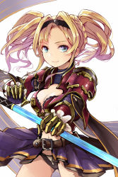 Rule 34 | 10s, 1girl, armor, belt, black panties, blonde hair, blue eyes, braid, breasts, claw (weapon), cleavage cutout, clothing cutout, cowboy shot, frills, granblue fantasy, hairband, highres, long hair, looking at viewer, minato (shouno), navel, panties, polearm, red armor, simple background, smile, solo, spear, underwear, weapon, zeta (granblue fantasy)