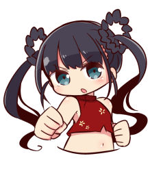 Rule 34 | 1girl, bare arms, bare shoulders, black hair, blue eyes, blush, clenched hands, copyright request, crop top, cropped torso, hair rings, head tilt, long hair, naga u, navel, parted lips, red shirt, shirt, simple background, sleeveless, sleeveless shirt, solo, twintails, v-shaped eyebrows, very long hair, white background