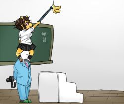 Rule 34 | 1boy, 1girl, :3, banana, brown hair, business suit, camera, chalkboard, classroom, club (weapon), colored skin, food, formal, fruit, kanabou, oni, original, plaid, plaid skirt, school uniform, short hair, skirt, skj, smile, stairs, standing on person, suit, weapon, yellow eyes, yellow skin
