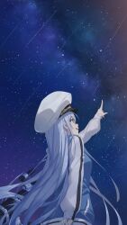 Rule 34 | 1girl, blue hair, blue jacket, from behind, from below, happy, hat, highres, island (game), jacket, lantian lanz, long hair, night, night sky, ohara rinne, outdoors, parted lips, peaked cap, pointing, shooting star, sky, solo, standing, star (sky), stargazing, starry sky, telescope, track jacket, very long hair, white hat, yellow eyes