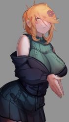 Rule 34 | 1girl, :&lt;, absurdres, at2., breasts, closed mouth, hair over one eye, highres, large breasts, long sleeves, looking at viewer, nail polish, orange nails, original, short hair, short ponytail, solo, swept bangs
